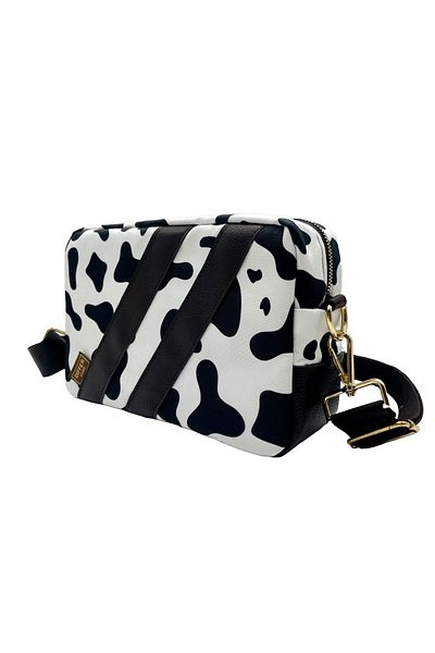 Differ Studio Brown Cow Patterned Vegan Leather - Gold Zippered Shoulder/Crossbody/Water Resistant Sling Bag