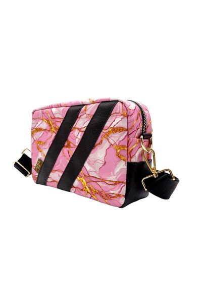 Differ Studio Χρυσό πολύχρωμο Vegan Leather - Ροζ μαρμάρινο σχέδιο, αδιάβροχη, καθημερινή τσάντα με λουράκι