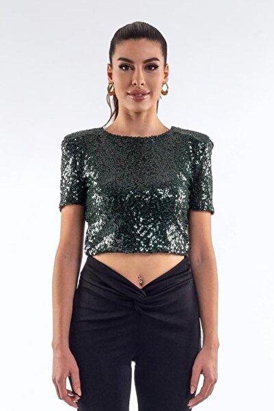 LorraJo Vatkalı Sırt Pencere Detaylı Yeşil Payetli Crop Top