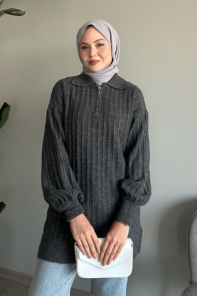 InStyle سترة أنثراسايت محبوكة من القطيفة بسحاب