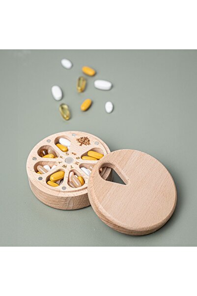 ihya cncahşap Doğal Ahşap Yuvarlak 7 Günlük Ilaç Kutusu - Yeniden Kullanılabi...