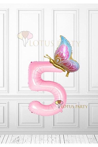 LOTUS PARTY بالون فويل على شكل فراشة وردية - رقم وردي - بالون فويل على شكل فراشة ذهبية لعمر 5 سنوات