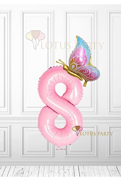 LOTUS PARTY بالون فويل على شكل فراشة وردية - رقم وردي - بالون فويل على شكل فراشة ذهبية لعمر 8 سنوات