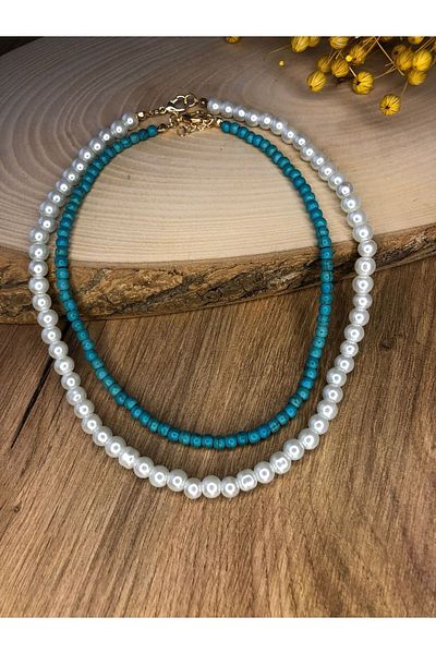 Stoneday Turquoise Crimped Natural Stone Pearl Set Necklace
