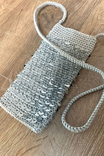 Uretti Rukiye 7294 - Макроме мотузкова сумка для телефону з паєтками, сіра, 20 см