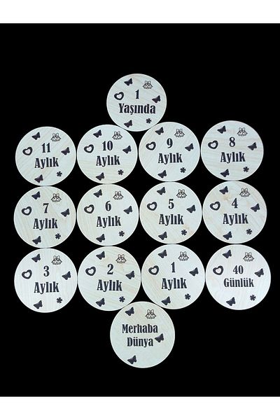 öyküdekor 10 Cm (14 Pieces) Turkish Monthly Plaque Set - Wooden Baby Photo Cards