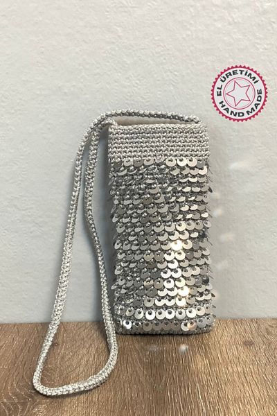 Uretti Rukiye 7294 - Geanta pentru telefon gri cu paiete din frânghie macrame 20cm