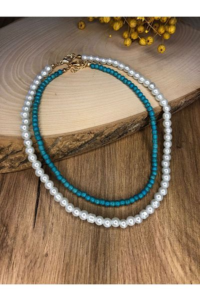 Stoneday Turquoise Crimped Natural Stone Pearl Set Necklace