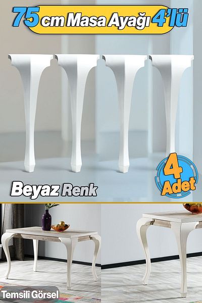 Badem10 4 Bucăți Lukens Masă Dresuar Picior 75 Cm Plastic Alb Picior Bucătărie Masa Sufragerie Mobilier Picioare