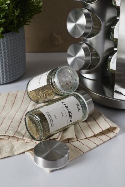 Perotti Metal Döner Standlı Yuvarlak Cam Metal Kapaklı Casa Inox 12`li Standlı Baharatlık Seti