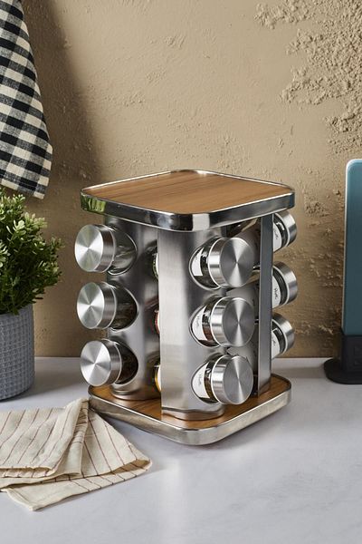 Perotti Casa Wood 12-piece Spice Rack Set - Wooden Swivel, Square Glass Metal Lid