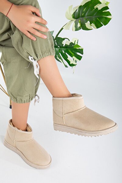 Reyonda ayakkabı Yeni Sezon Gri Süet Mini Bot İçi Tüylü Düz Taban Kadın Ayakkabı