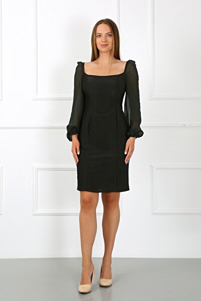 zeynep zehra Kadın Giyim Abiye Moda Simli Şifon Kollu Elbise 2713 Zümrüt