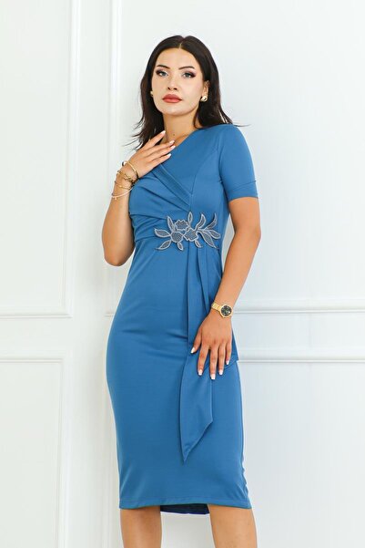 zeynep zehra Kadın Giyim Abiye Moda Kemeri Taşlı Asimetrik Abiye Kalem Elbise Mavi