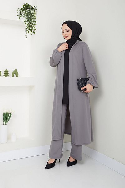 Ayşe Melek Evening Dress Fashion 3 Piece Hijab Suit - Gray Black 2649