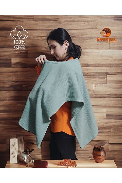 BeybiNest Multi Muslin Poncho Single Product Λειτουργικό κάλυμμα καροτσιού και σαλιάρα θηλασμού Πράσινο κάλυμμα θηλασμού