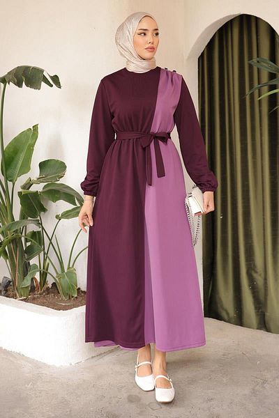 BURCU TESETTÜR Garnished Belted Hijab Dress BRC1123 DAMSON LILA