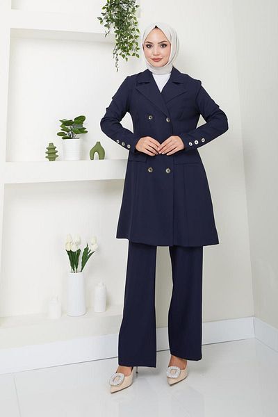 Ayşe Melek Navy Blue Evening Dress Fashion Blazer and Pants Set - 2686