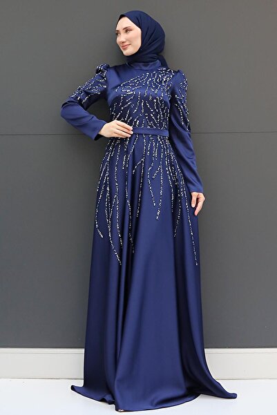 GİZ AGİYİM فستان سهرة للحجاب باللون الأزرق الداكن