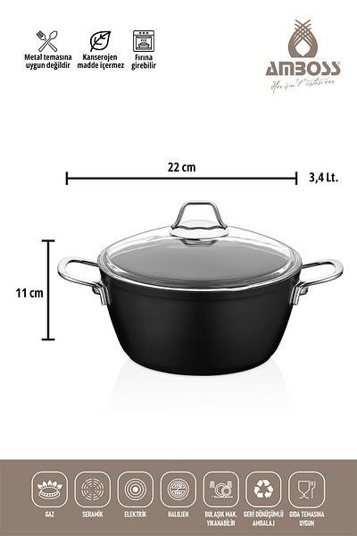 Amboss Dark Granite Deep Pot with Glass Lid Fireproof Non-Stick Titanium Coating - 22 Cm
