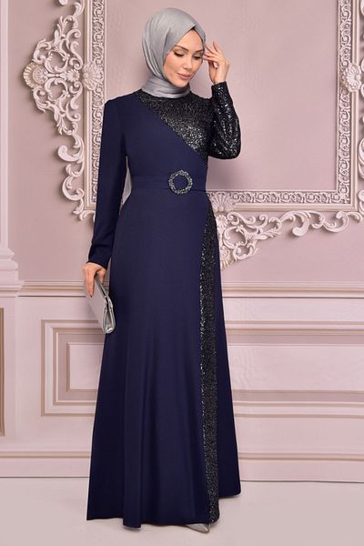 Ayşe Melek Navy Blue Hijab Evening Dress - Sequin Detailed, Fashion Clothing 2524