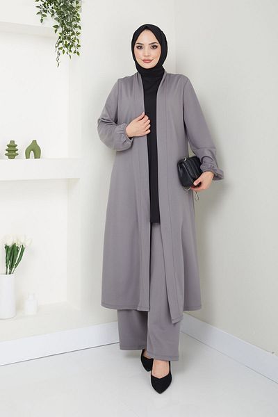 Ayşe Melek Evening Dress Fashion 3 Piece Hijab Suit - Gray Black 2649