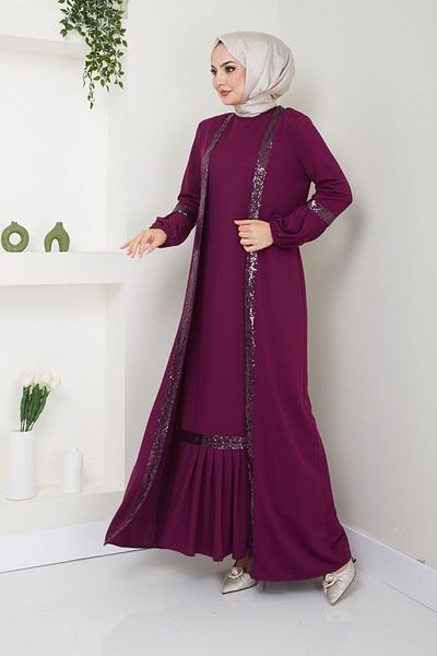 Ayşe Melek Evening Dress Fashion Women's Clothing - Dressed Double Suit 2600 Plum