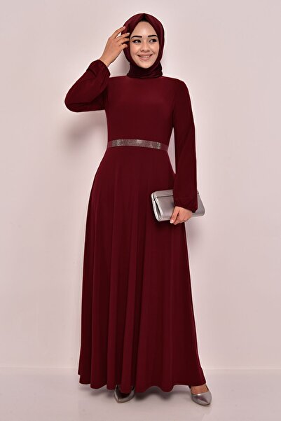 Ayşe Melek Kadın Giyim Abiye Moda Kemeri Taşlı Elbise 2582 Bordo