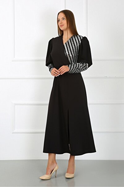 zeynep zehra Kadın Giyim Abiye Moda Pullu Krep Uzun Abiye Elbise 2731 Siyah-gümüş