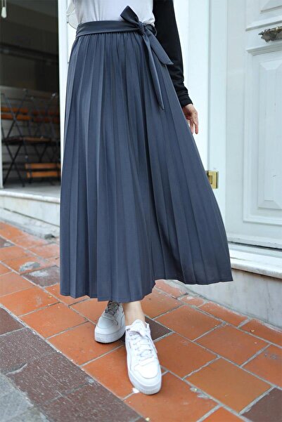 BURCU TESETTÜR Belt Detailed Pleated Hijab Skirt BRC3033-1 Smoked
