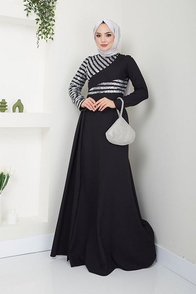 Ayşe Melek Silver Colored Sequined Cape Hijab Fish Evening Dress - 2711 Fashion Dress