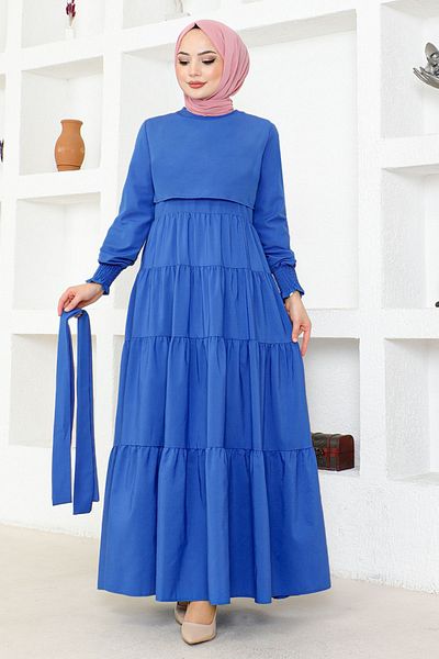 Ayşe Melek Saks Colorful Women's Evening Dress - Bolero Detailed, Terikoton 2610