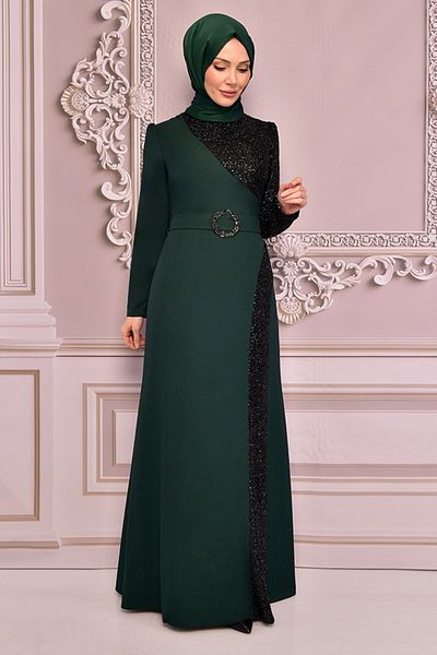 Ayşe Melek Emerald Sequin Detailed Hijab Evening Dress - Women's Clothing 2524