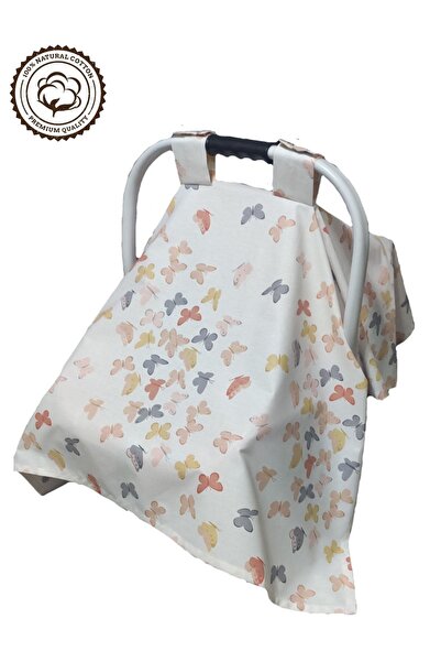 BeybiNest %100 Pamuklu Puset Örtüsü Tek Kat 110x88 Cm Turuncu Kelebekler Model