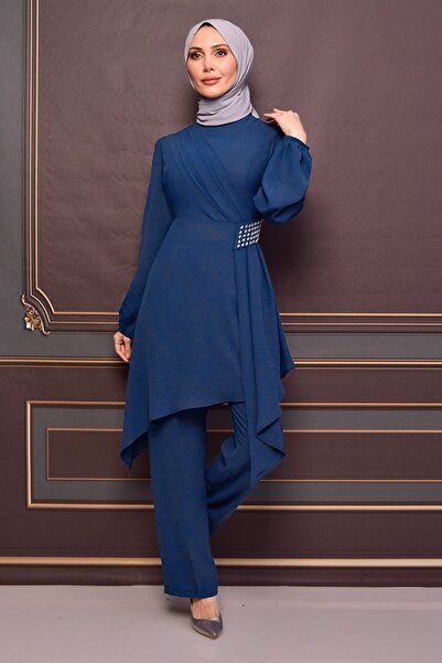 Ayşe Melek فستان سهرة نسائي نيلي - تركيبة غير متماثلة بتفاصيل حجرية 2527