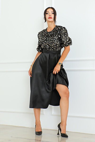 zeynep zehra Kadın Giyim Abiye Moda Pullu Saten Abiye Elbise 2724 Gold