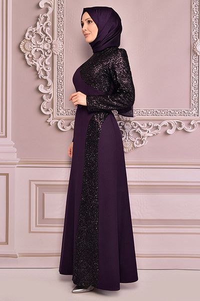 Ayşe Melek Hijab Evening Dress 2524 Plum - Sequin Detailed Women's Clothing, Fashion