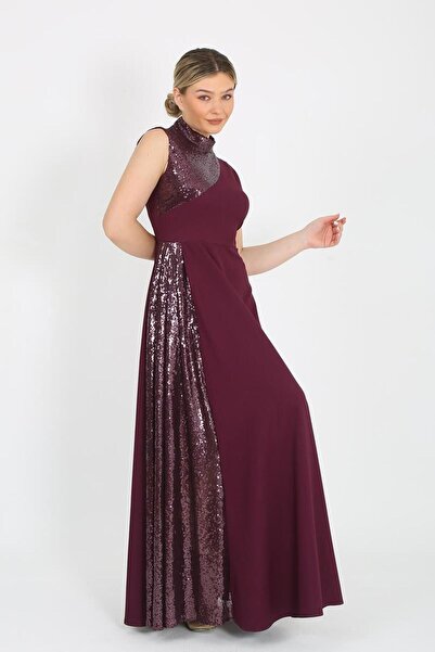 zeynep zehra Kadın Giyim Abiye Moda Pul Payet Kolsuz Uzun Abiye Elbise 2718 Mürdüm