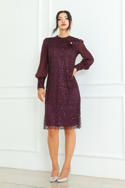 zeynep zehra Kadın Giyim Abiye Moda File Pul Payet Kısa Abiye Elbise 2728 Bordo