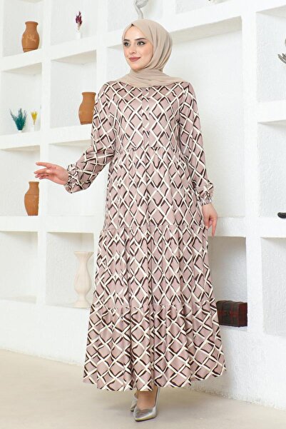 BURCU TESETTÜR Latte Ethnic Patterned Hijab Dress - BRC1124