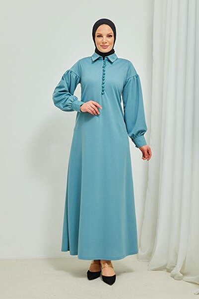 BURCU TESETTÜR Λεπτομερές φόρεμα Hijab με μπαλόνι μανίκι Brc11m02 Mint