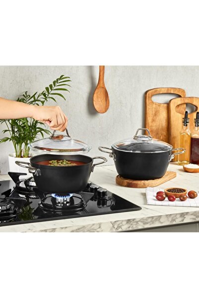 Amboss Oală adâncă din granit închis, cu capac din sticlă, acoperire antiaderență ignifugă din titan - 22 Cm