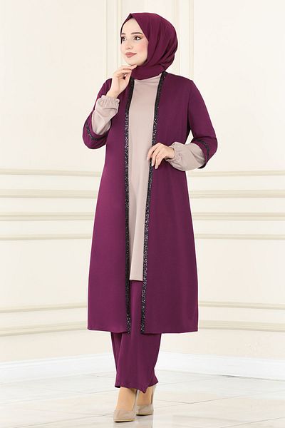 Ayşe Melek Sequin Hijab Dress - Plum-Mink Women's Evening Dress 2670