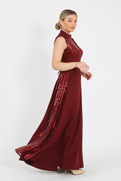 zeynep zehra Kadın Giyim Abiye Moda Pul Payet Kolsuz Uzun Abiye Elbise 2718 Bordo