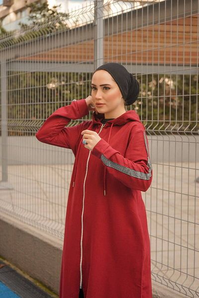 BURCU TESETTÜR Front Zipper Hooded Sports Ferace Bts0008 Claret Red