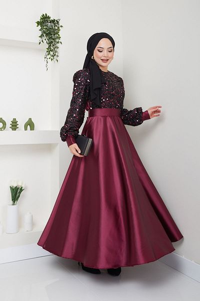 Ayşe Melek Burgundy Satin Evening Dress - Sequin Detailed, Fashion Clothing 2537