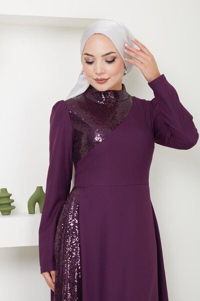 Ayşe Melek Kadın Giyim Abiye Moda Pullu Krep Uzun Tesettür Ebiye Elbise 2719