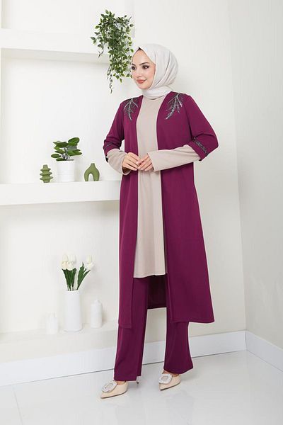 AYŞE MELEK TASARIM Evening Dress Fashion Applique Women's T-Shirt Trousers Hijab - Stone Detailed, Plum-Mink 2668