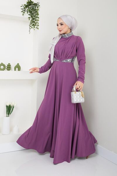 Ayşe Melek Kadın Giyim Abiye Moda Pul Detaylı Pileli Abiye Elbise 2705 Lila