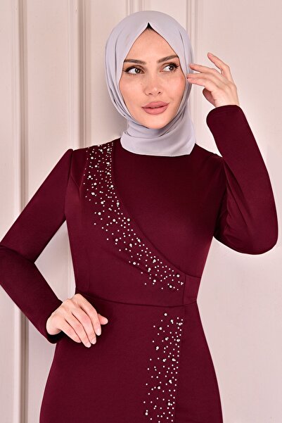 Ayşe Melek Burgundy Stone Detailed Long Hijab Evening Dress - 2459